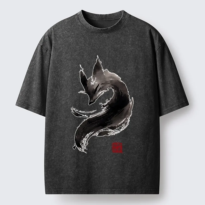 Tokyo-Tiger Japanese Ink Wash Fox Art Washed T-Shirt