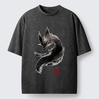 Tokyo-Tiger Japanese Ink Wash Fox Art Washed T-Shirt