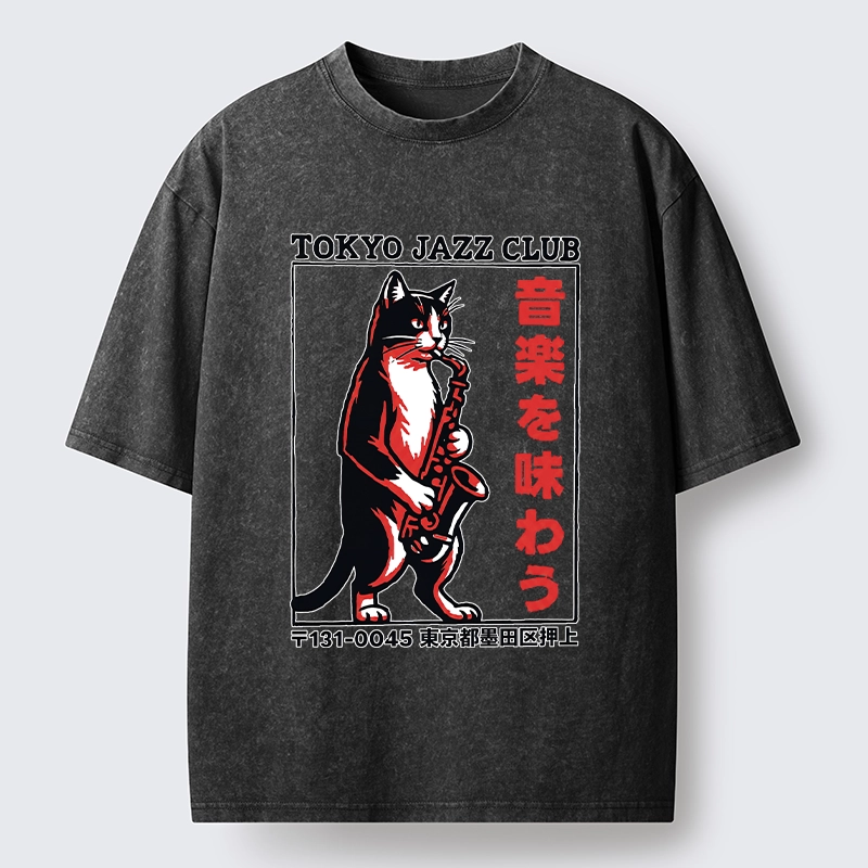 Tokyo-Tiger Retro Jazz Cat Poster Washed T-Shirt