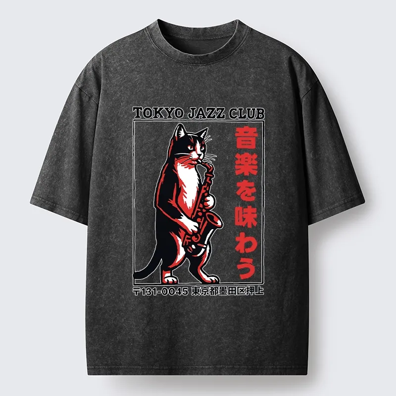 Tokyo-Tiger Retro Jazz Cat Poster Washed T-Shirt