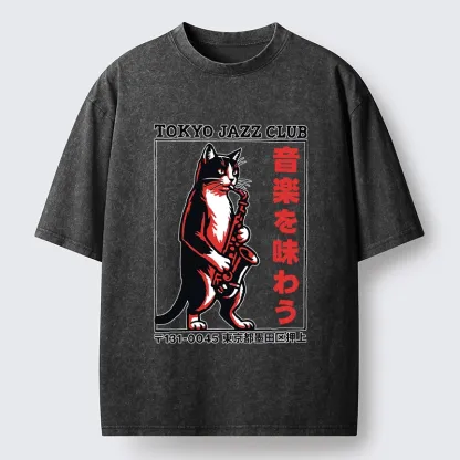 Tokyo-Tiger Retro Jazz Cat Poster Washed T-Shirt