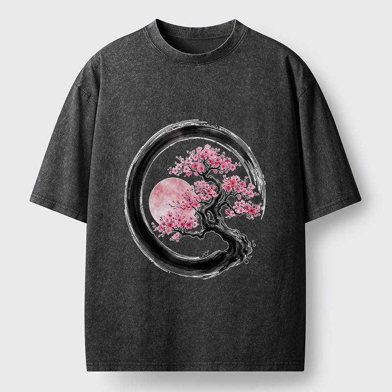 Tokyo-Tiger Zen Sakura Tree With Pink Moon Washed T-Shirt