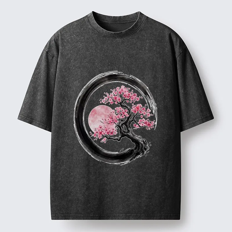 Tokyo-Tiger Zen Sakura Tree With Pink Moon Washed T-Shirt