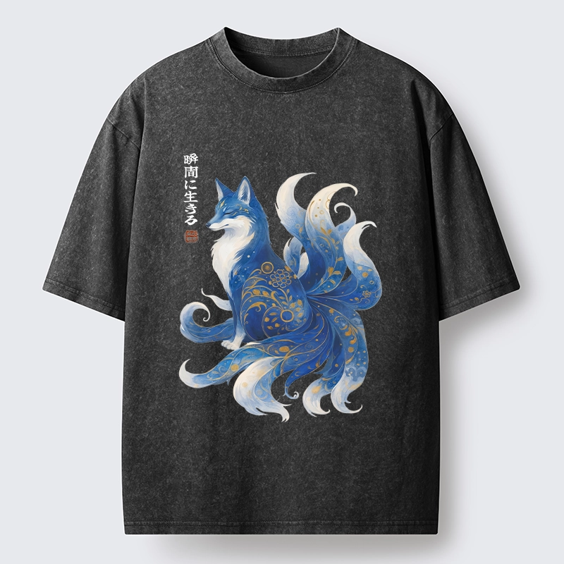 Tokyo-Tiger Serene Fox In Japanese Ink Style Washed T-Shirt