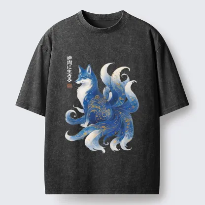 Tokyo-Tiger Serene Fox In Japanese Ink Style Washed T-Shirt