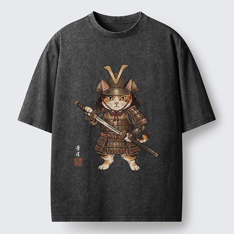 Tokyo-Tiger Samurai Cat With Katana Sword Washed T-Shirt