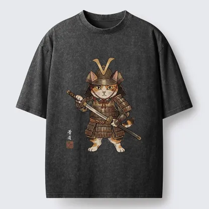 Tokyo-Tiger Samurai Cat With Katana Sword Washed T-Shirt