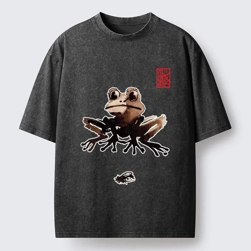 Tokyo-Tiger Ink Wash Frog And Its Tiny Prey Washed T-Shirt