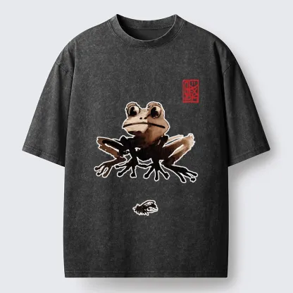 Tokyo-Tiger Ink Wash Frog And Its Tiny Prey Washed T-Shirt