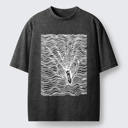 Tokyo-Tiger Line Art Boat On The Ocean Washed T-Shirt