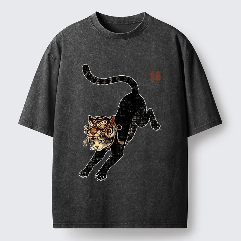 Tokyo-Tiger Cat With Tiger Mask Cool Art Washed T-Shirt