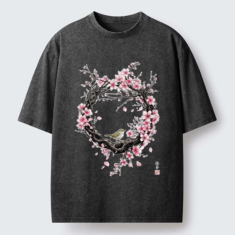 Tokyo-Tiger Sakura Wreath And Little Bird Washed T-Shirt