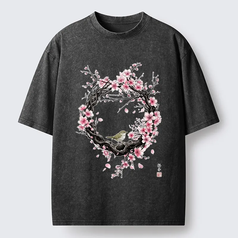 Tokyo-Tiger Sakura Wreath And Little Bird Washed T-Shirt