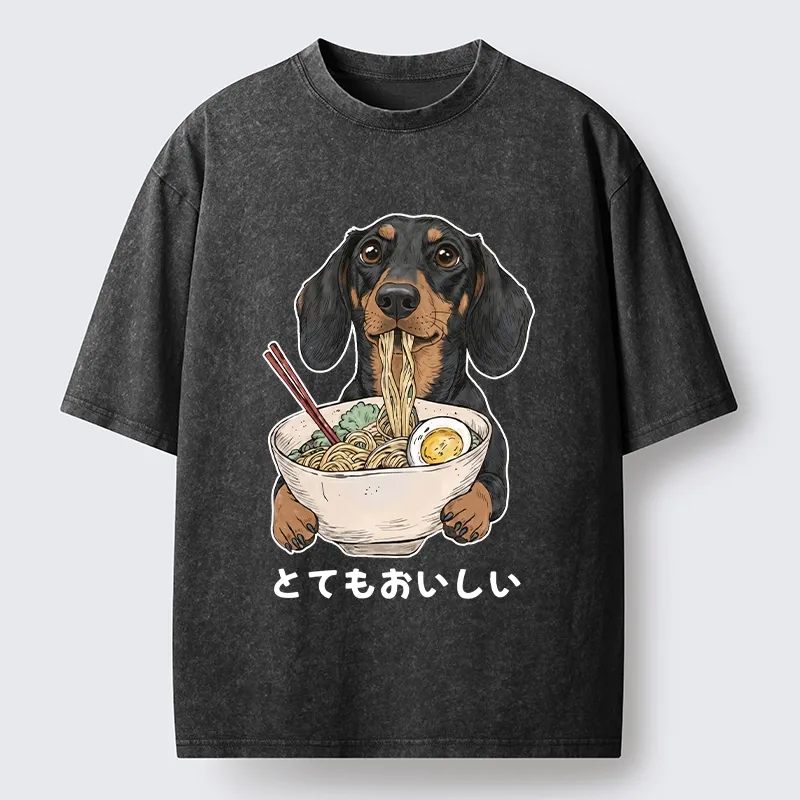 Tokyo-Tiger Cute Dog Eating Noodles Art Meme Washed T-Shirt Sale