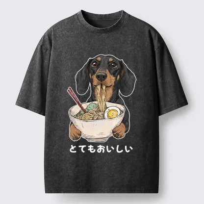 Tokyo-Tiger Cute Dog Eating Noodles Art Meme Washed T-Shirt