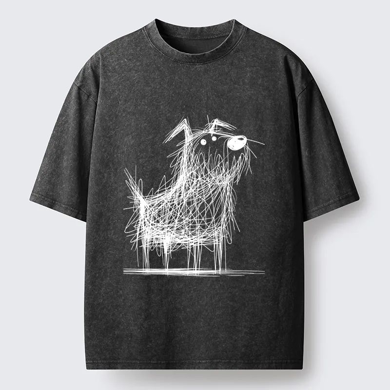 Tokyo-Tiger Cute Scrawled Dog Line Art Washed T-Shirt