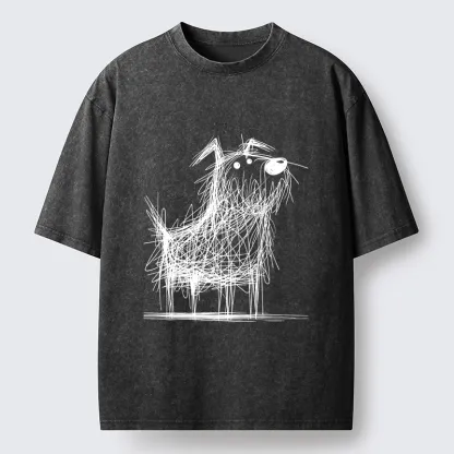 Tokyo-Tiger Cute Scrawled Dog Line Art Washed T-Shirt