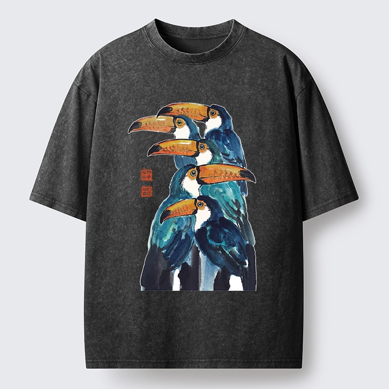 Tokyo-Tiger Blue Toucans Watercolor Washed T-Shirt
