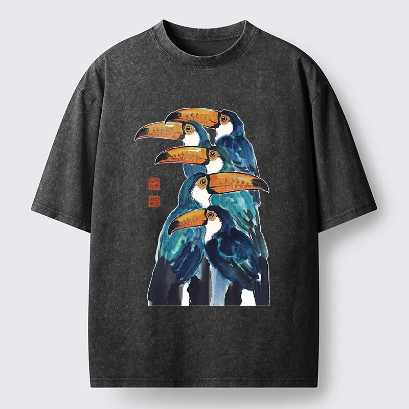 Tokyo-Tiger Blue Toucans Watercolor Washed T-Shirt