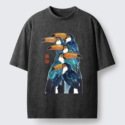 Tokyo-Tiger Blue Toucans Watercolor Washed T-Shirt