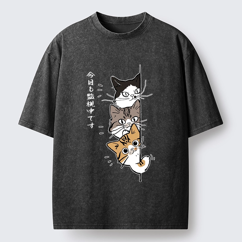 Tokyo-Tiger Funny Cat Surveillance Squad Washed T-Shirt