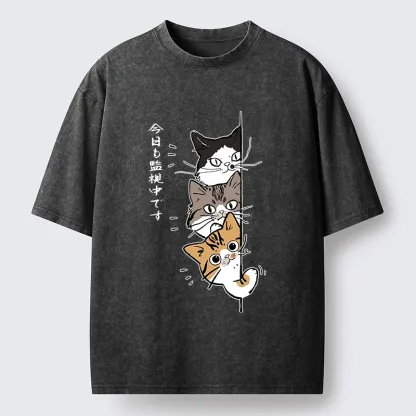 Tokyo-Tiger Funny Cat Surveillance Squad Washed T-Shirt
