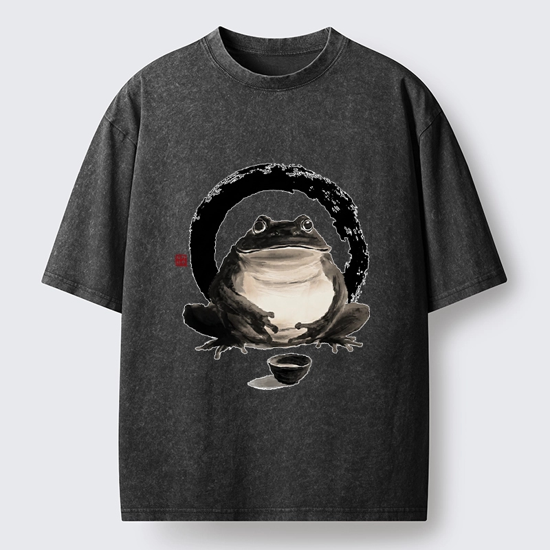 Tokyo-Tiger Zen Frog With A Tea Bowl Washed T-Shirt