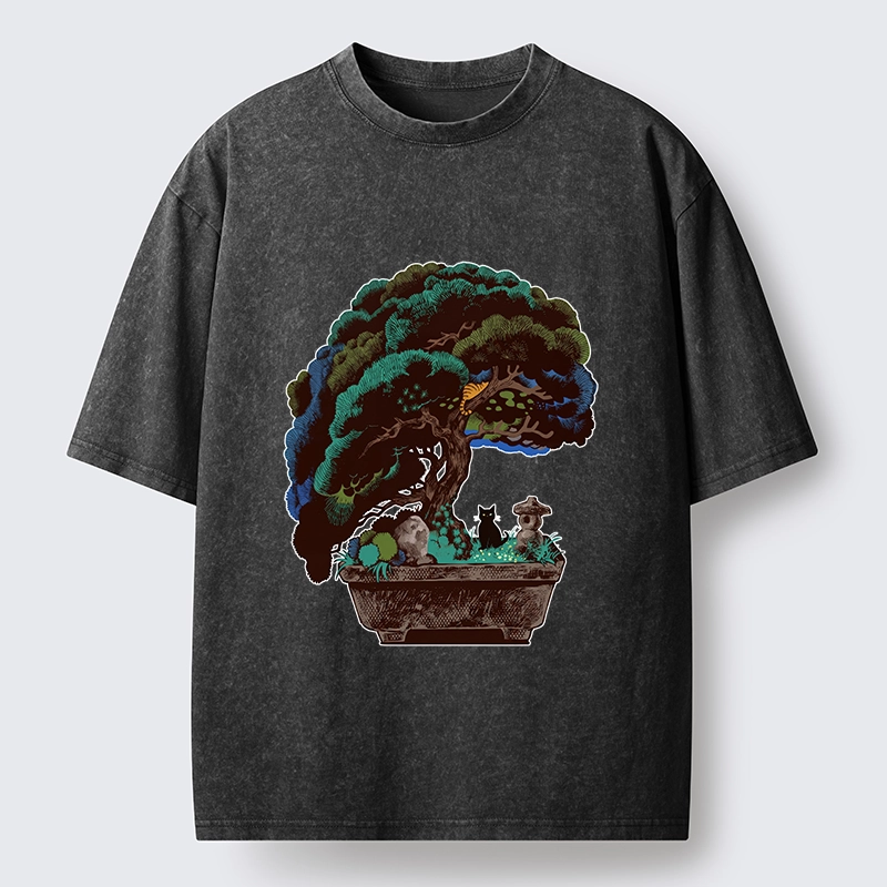 Tokyo-Tiger Black Cat Hiding In A Bonsai Pot Washed T-Shirt
