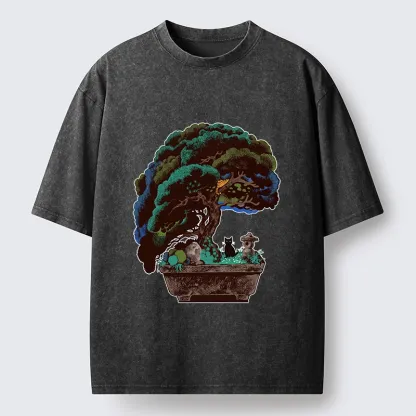 Tokyo-Tiger Black Cat Hiding In A Bonsai Pot Washed T-Shirt