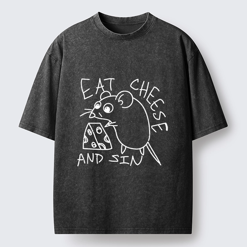 Tokyo-Tiger Cheese Obsessed Mouse Funny Art Washed T-Shirt
