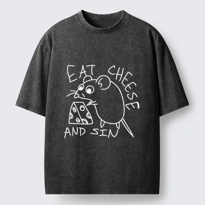 Tokyo-Tiger Cheese Obsessed Mouse Funny Art Washed T-Shirt