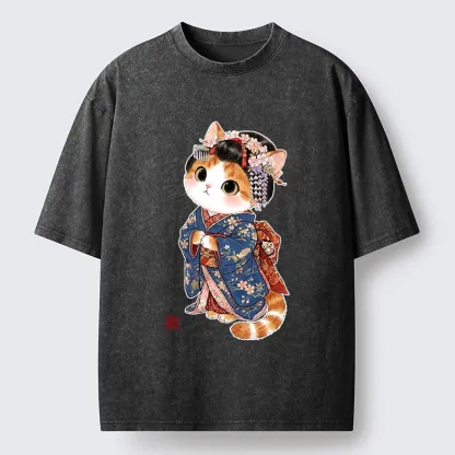 Tokyo-Tiger Cat Dressed As A Geisha Funny Washed T-Shirt