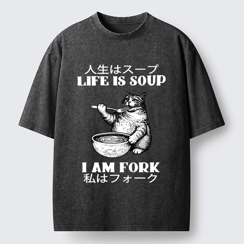Tokyo-Tiger Cat Eating Soup With A Fork Washed T-Shirt