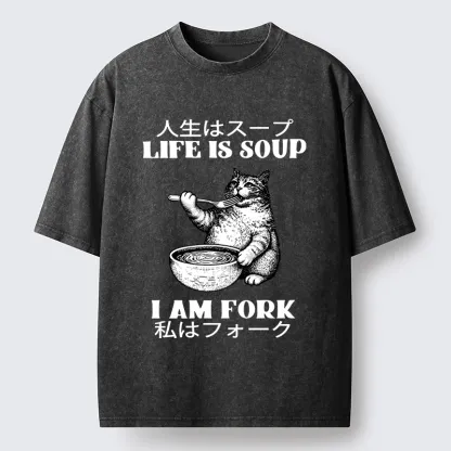Tokyo-Tiger Cat Eating Soup With A Fork Washed T-Shirt