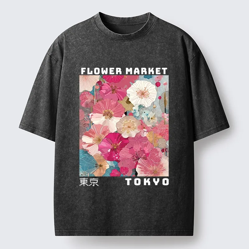 Tokyo-Tiger Market Colorful Floral Art Washed T-Shirt