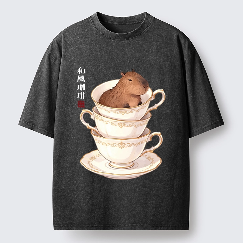 Tokyo-Tiger Japanese Coffee Capybara In A Teacup Washed T-Shirt
