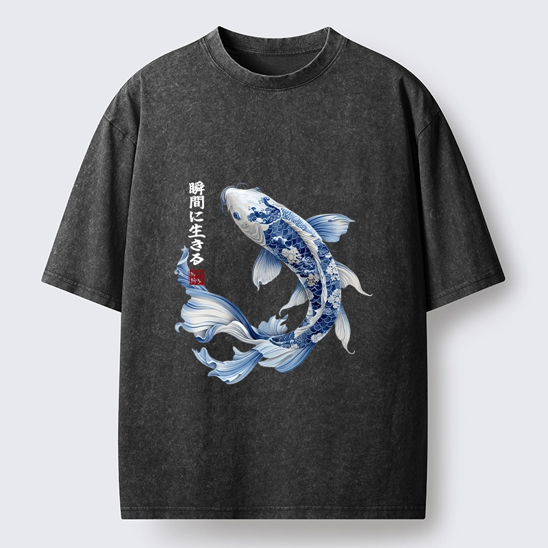 Tokyo-Tiger Blue And White Koi Fish Japanese Art Print Washed T-Shirt