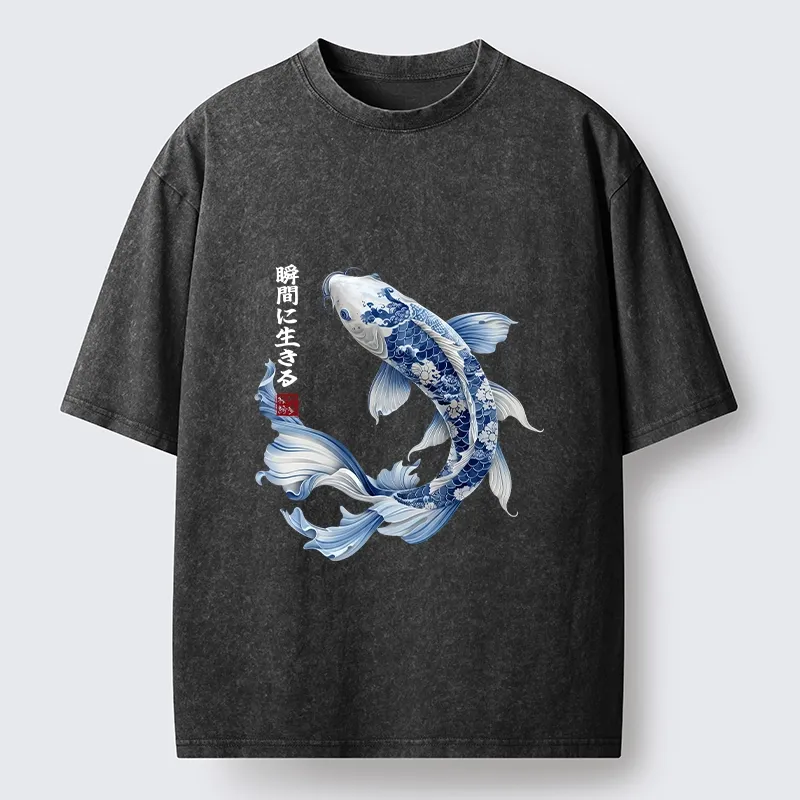Tokyo-Tiger Blue And White Koi Fish Japanese Art Print Washed T-Shirt