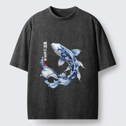 Tokyo-Tiger Blue And White Koi Fish Japanese Art Print Washed T-Shirt
