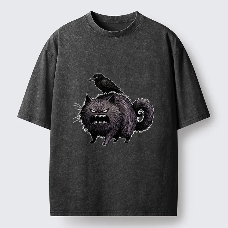 Tokyo-Tiger Angry Black Cat With Crow On Its Back Washed T-Shirt Sale