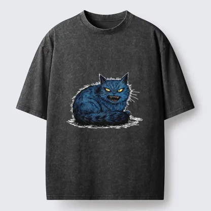 Tokyo-Tiger Fierce Blue Cat With Sharp Teeth Art Washed T-Shirt