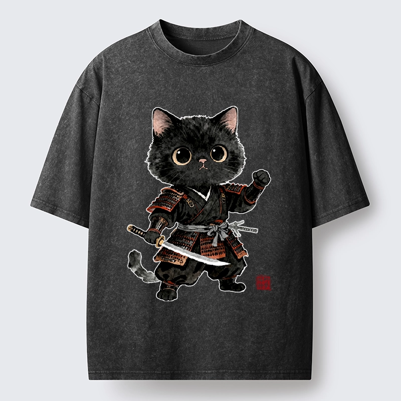 Tokyo-Tiger Samurai Black Cat With Katana Cute Art Washed T-Shirt