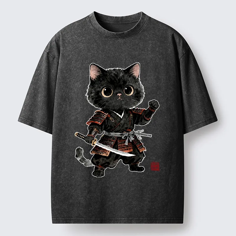 Tokyo-Tiger Samurai Black Cat With Katana Cute Art Washed T-Shirt