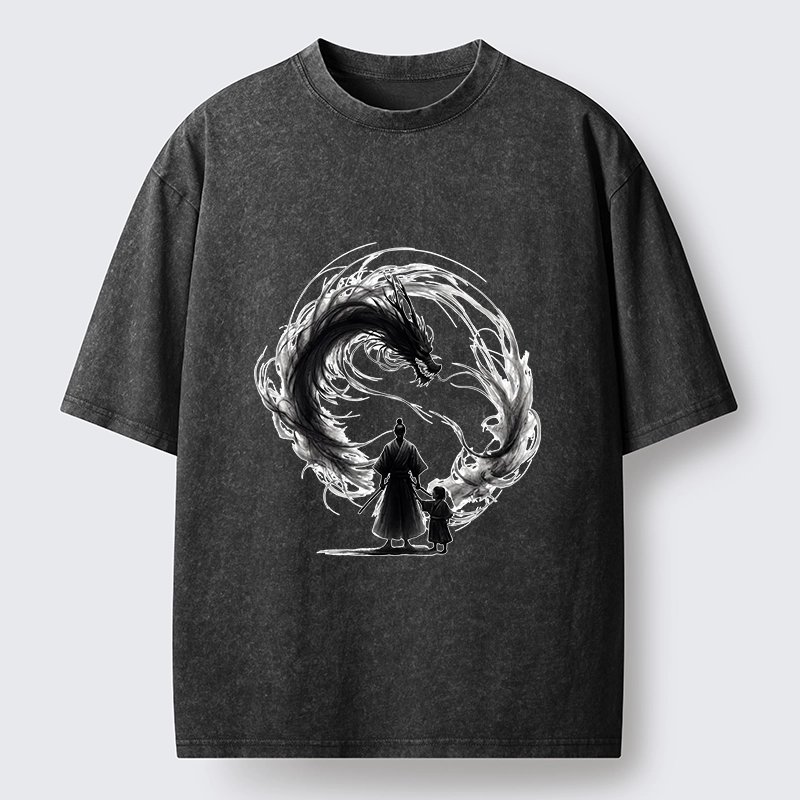 Tokyo-Tiger Samurai And Dragon Fatherhood Washed T-Shirt