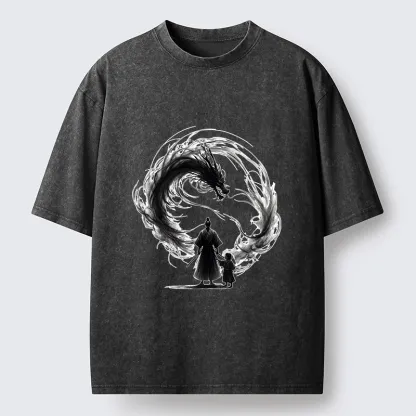 Tokyo-Tiger Samurai And Dragon Fatherhood Washed T-Shirt