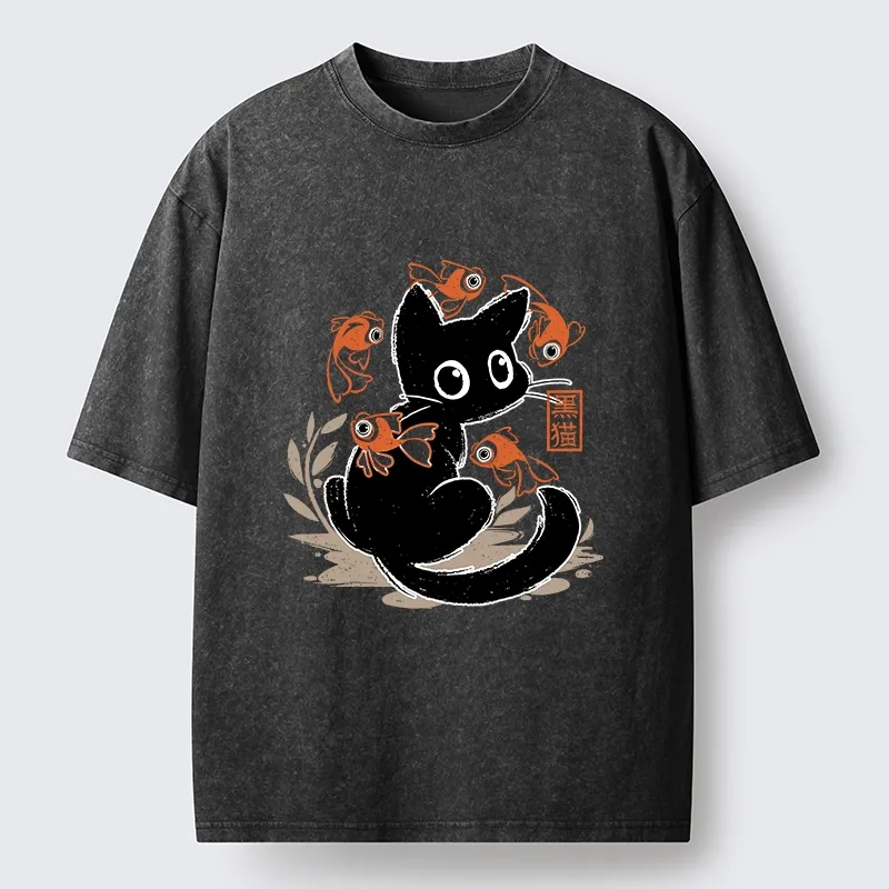 Tokyo-Tiger Curious Black Cat Among Fish Washed T-Shirt
