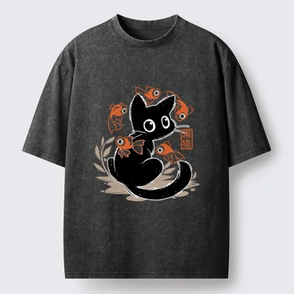 Tokyo-Tiger Curious Black Cat Among Fish Washed T-Shirt