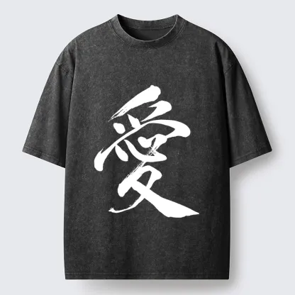 Tokyo-Tiger Japanese Kanji Love In Brush Strokes Washed T-Shirt
