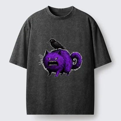 Tokyo-Tiger Spooky Purple Cat Ready To Attack Washed T-Shirt