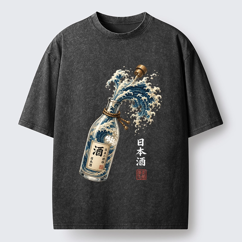 Tokyo-Tiger Ocean Wave Poured From A Sake Bottle Washed T-Shirt